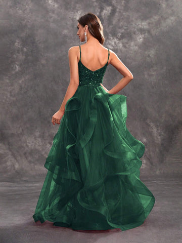 Giffniseti Women Sequin Spaghetti Strap Multi-Layered Mesh Party Evening Dress