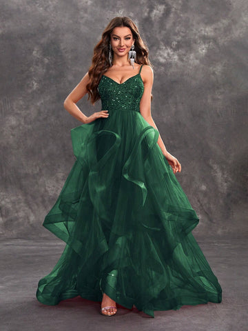 Giffniseti Women Sequin Spaghetti Strap Multi-Layered Mesh Party Evening Dress