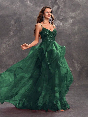 Giffniseti Women Sequin Spaghetti Strap Multi-Layered Mesh Party Evening Dress