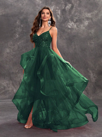 Giffniseti Women Sequin Spaghetti Strap Multi-Layered Mesh Party Evening Dress