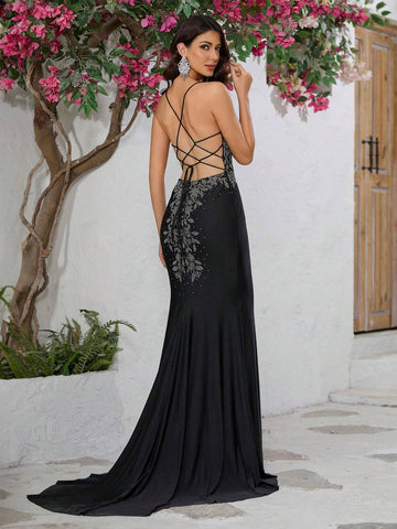 Giffniseti Women Sexy & Elegant Rhinestone V-Neck Halter Backless Lace-Up Mermaid Evening Gown, Prom Dress