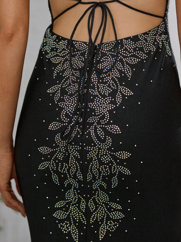 Giffniseti Women Sexy & Elegant Rhinestone V-Neck Halter Backless Lace-Up Mermaid Evening Gown, Prom Dress