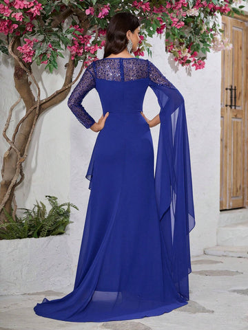 Giffniseti Women Sparkly Patchwork Round Neck Long Sleeve Slim Elegant Evening Dress