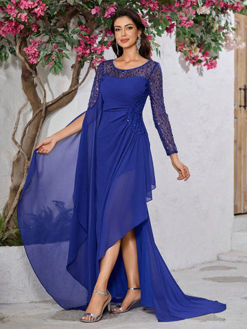 Giffniseti Women Sparkly Patchwork Round Neck Long Sleeve Slim Elegant Evening Dress