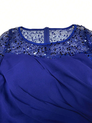 Giffniseti Women Sparkly Patchwork Round Neck Long Sleeve Slim Elegant Evening Dress