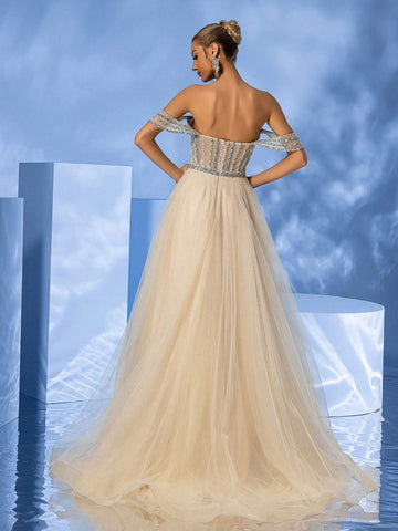 Giffniseti Women's Advanced Elegant Sparkling Beaded Multi-Layer Mesh Trumpet Hem Ball Gown With Train