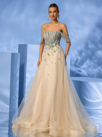 Giffniseti Women's Advanced Elegant Sparkling Beaded Multi-Layer Mesh Trumpet Hem Ball Gown With Train