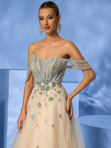 Giffniseti Women's Advanced Elegant Sparkling Beaded Multi-Layer Mesh Trumpet Hem Ball Gown With Train