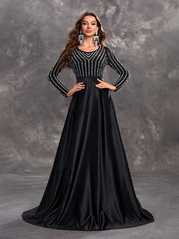 Giffniseti Women's Beaded & Hot Drilling Splice Round Neckline Long Sleeve Party Evening Dress