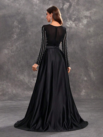 Giffniseti Women's Beaded & Hot Drilling Splice Round Neckline Long Sleeve Party Evening Dress