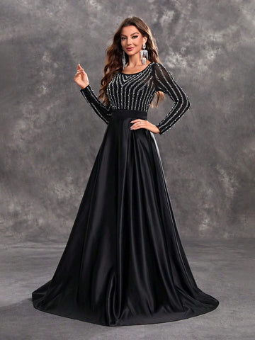 Giffniseti Women's Beaded & Hot Drilling Splice Round Neckline Long Sleeve Party Evening Dress