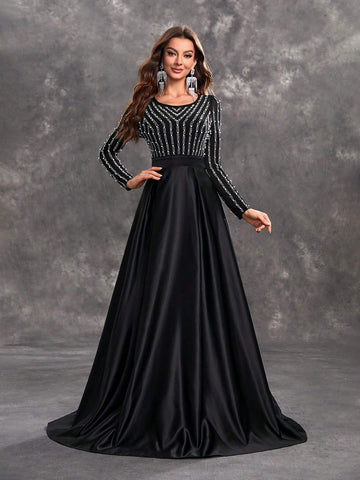 Giffniseti Women's Beaded & Hot Drilling Splice Round Neckline Long Sleeve Party Evening Dress