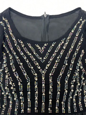 Giffniseti Women's Beaded & Hot Drilling Splice Round Neckline Long Sleeve Party Evening Dress