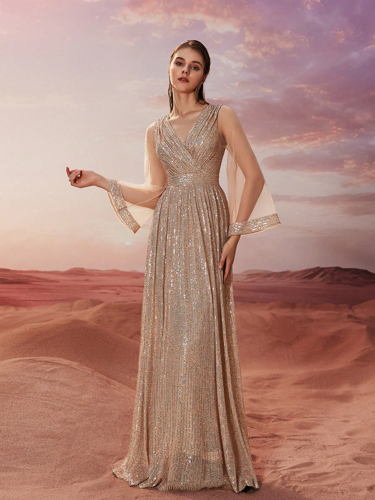 Giffniseti Women's Cocktail Dress, Sequin Cross V-Neck Long Sleeve Party Evening Gown