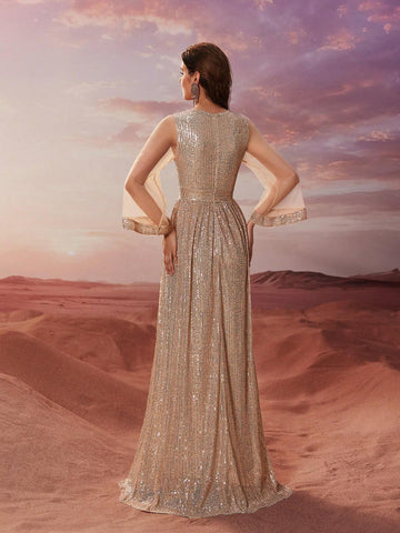 Giffniseti Women's Cocktail Dress, Sequin Cross V-Neck Long Sleeve Party Evening Gown