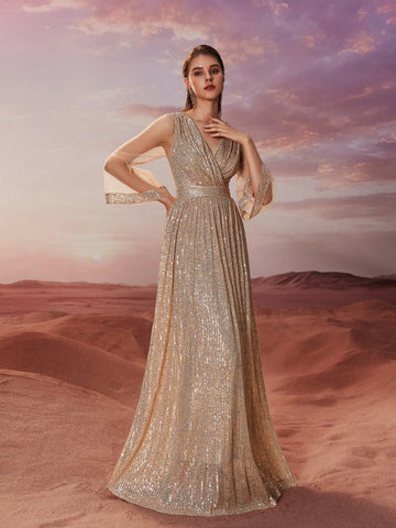 Giffniseti Women's Cocktail Dress, Sequin Cross V-Neck Long Sleeve Party Evening Gown