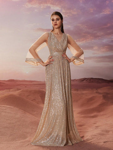 Giffniseti Women's Cocktail Dress, Sequin Cross V-Neck Long Sleeve Party Evening Gown