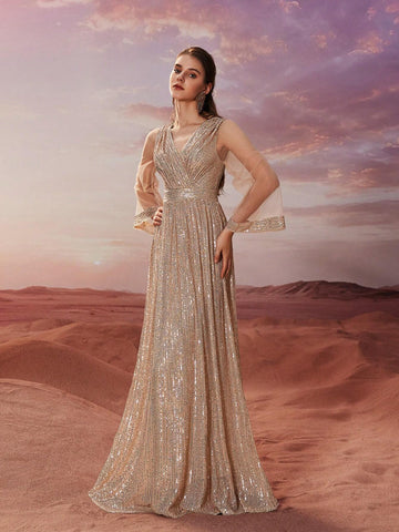 Giffniseti Women's Cocktail Dress, Sequin Cross V-Neck Long Sleeve Party Evening Gown