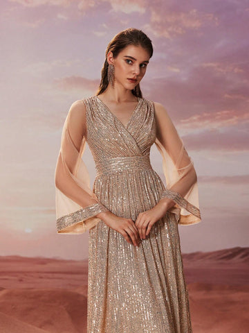 Giffniseti Women's Cocktail Dress, Sequin Cross V-Neck Long Sleeve Party Evening Gown