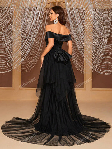 Giffniseti Women's Elegant Off Shoulder Maxi Evening Dress With Long Train For Prom