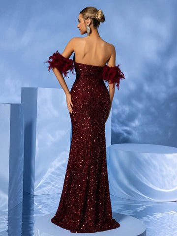 Giffniseti Women's Elegant & Luxury One Shoulder Sequin Evening Dress With Short Sleeve And High Split For Dance Party