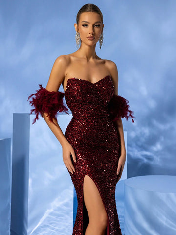 Giffniseti Women's Elegant & Luxury One Shoulder Sequin Evening Dress With Short Sleeve And High Split For Dance Party