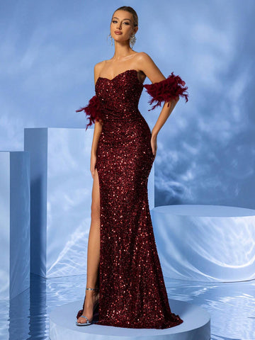 Giffniseti Women's Elegant & Luxury One Shoulder Sequin Evening Dress With Short Sleeve And High Split For Dance Party