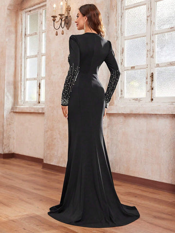 Giffniseti Women's Evening Dress With Rhinestones And Beads, Crossed V-Neckline, Elegant And Luxurious, Mermaid Gown Perfect For Party, Wedding, Prom