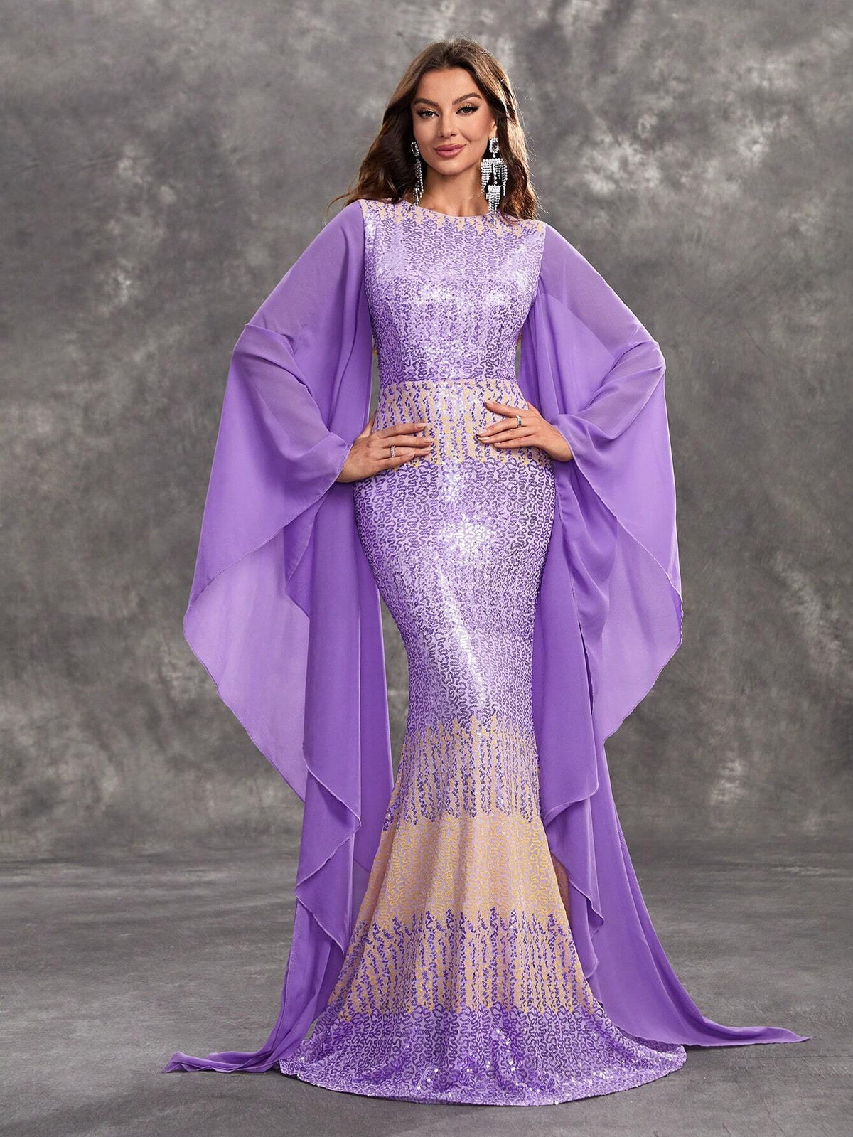 Giffniseti Women's Evening Party Dress, Sequin Gradual Printed Chiffon Loose Fit Dress With Flared Sleeves