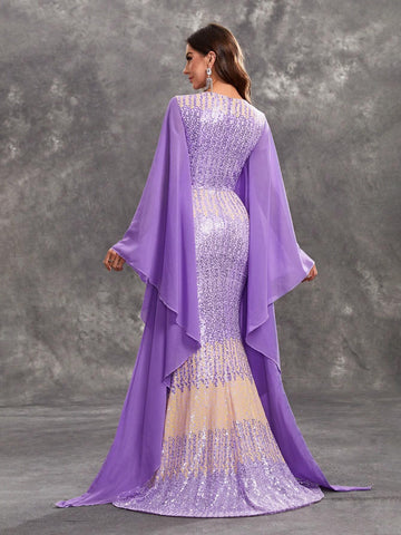 Giffniseti Women's Evening Party Dress, Sequin Gradual Printed Chiffon Loose Fit Dress With Flared Sleeves