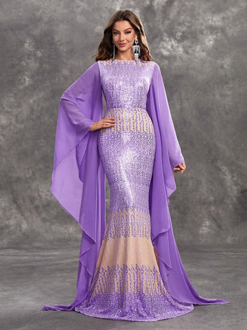 Giffniseti Women's Evening Party Dress, Sequin Gradual Printed Chiffon Loose Fit Dress With Flared Sleeves