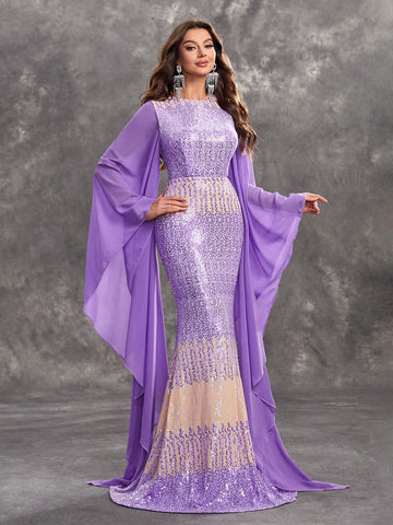 Giffniseti Women's Evening Party Dress, Sequin Gradual Printed Chiffon Loose Fit Dress With Flared Sleeves