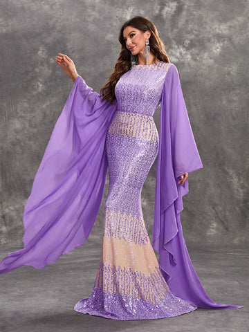 Giffniseti Women's Evening Party Dress, Sequin Gradual Printed Chiffon Loose Fit Dress With Flared Sleeves