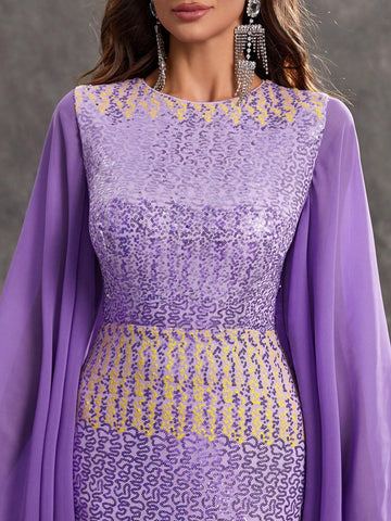 Giffniseti Women's Evening Party Dress, Sequin Gradual Printed Chiffon Loose Fit Dress With Flared Sleeves