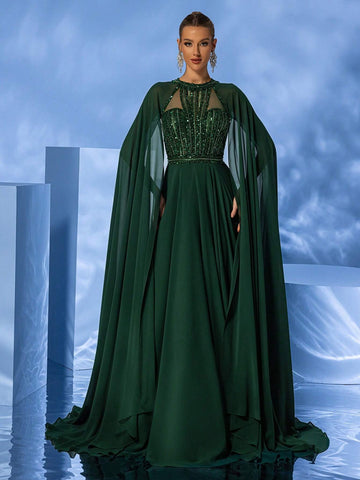 Giffniseti Women's Formal High-End Elegant Sequined High-Neck Chiffon Cape Sleeve Evening Dress With Long Train For Party