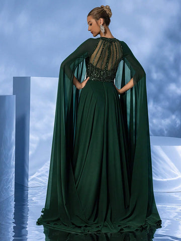 Giffniseti Women's Formal High-End Elegant Sequined High-Neck Chiffon Cape Sleeve Evening Dress With Long Train For Party