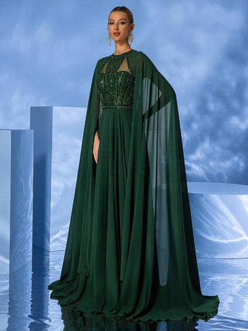 Giffniseti Women's Formal High-End Elegant Sequined High-Neck Chiffon Cape Sleeve Evening Dress With Long Train For Party