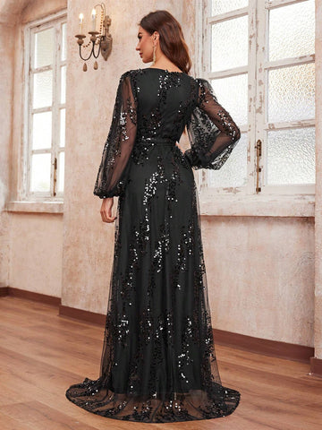 Giffniseti Women's Glitter Cross V-Neck Hollow Out Long Sleeve Party Evening Dress