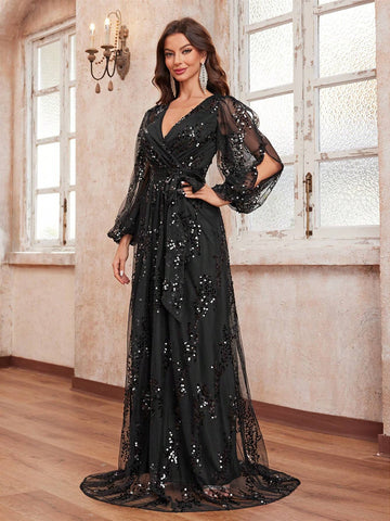 Giffniseti Women's Glitter Cross V-Neck Hollow Out Long Sleeve Party Evening Dress