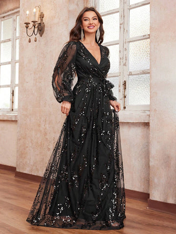 Giffniseti Women's Glitter Cross V-Neck Hollow Out Long Sleeve Party Evening Dress