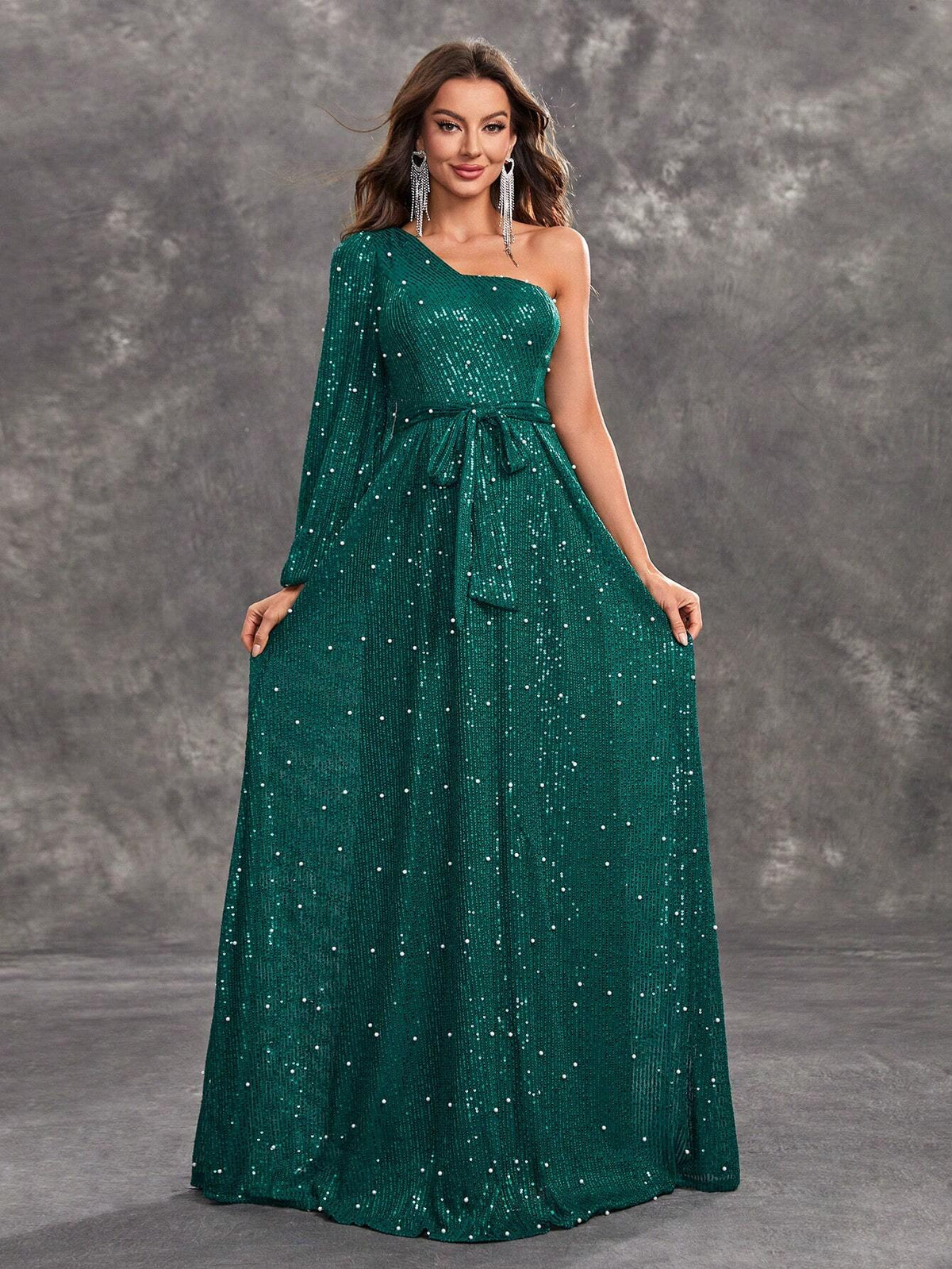 Giffniseti Women's Glitter One Shoulder Sleeve Belted Party Dress For Prom