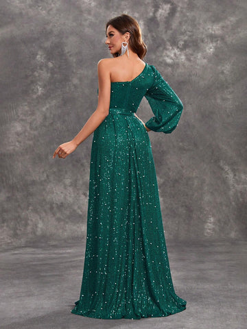 Giffniseti Women's Glitter One Shoulder Sleeve Belted Party Dress For Prom