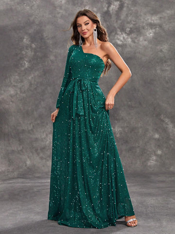 Giffniseti Women's Glitter One Shoulder Sleeve Belted Party Dress For Prom