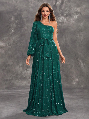 Giffniseti Women's Glitter One Shoulder Sleeve Belted Party Dress For Prom