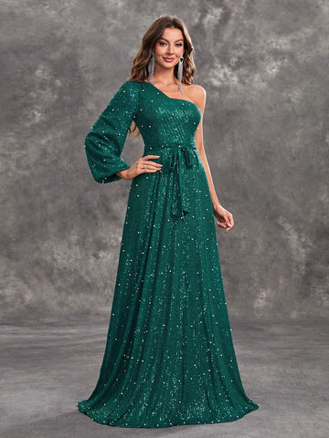 Giffniseti Women's Glitter One Shoulder Sleeve Belted Party Dress For Prom