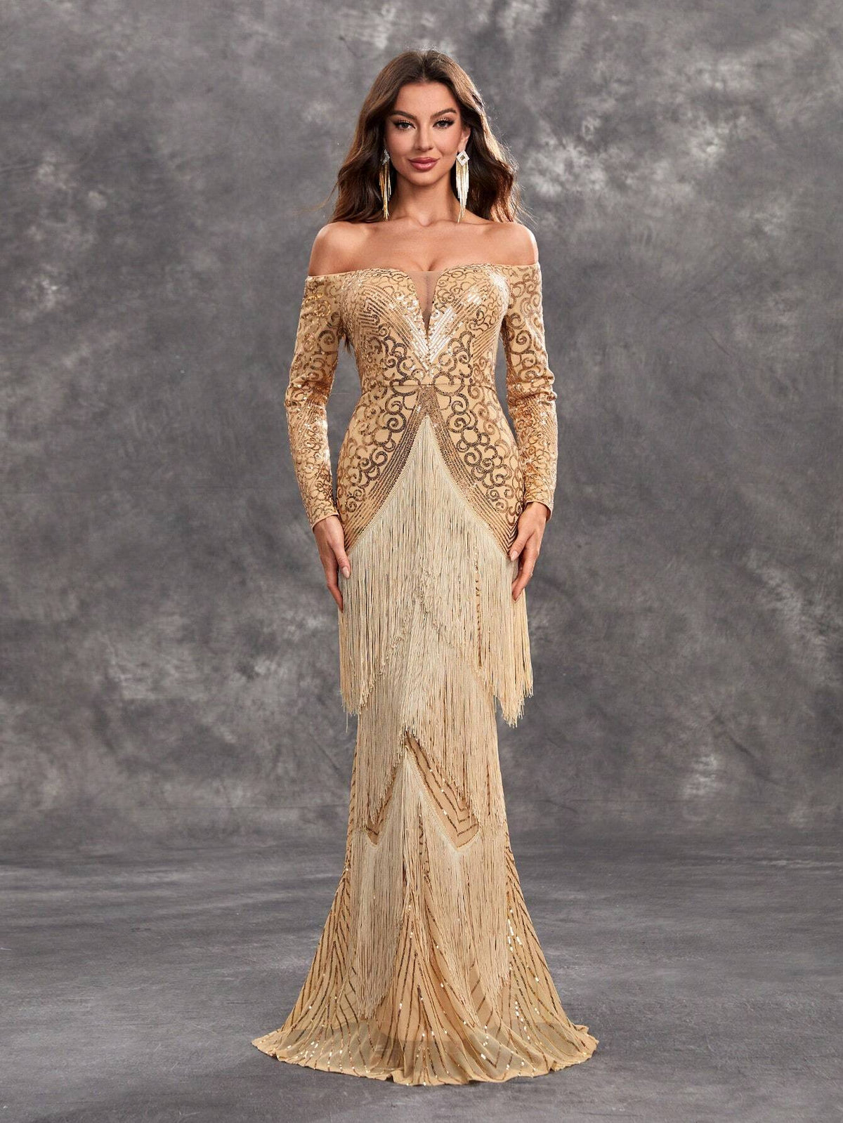 Giffniseti Women's Glitter Sequin Splice Tassels Off Shoulder Long Sleeve Party Evening Dress