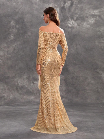 Giffniseti Women's Glitter Sequin Splice Tassels Off Shoulder Long Sleeve Party Evening Dress
