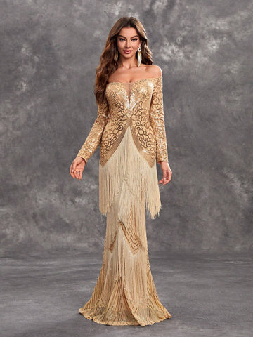 Giffniseti Women's Glitter Sequin Splice Tassels Off Shoulder Long Sleeve Party Evening Dress
