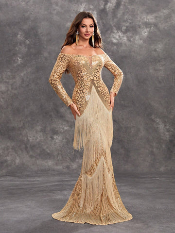 Giffniseti Women's Glitter Sequin Splice Tassels Off Shoulder Long Sleeve Party Evening Dress
