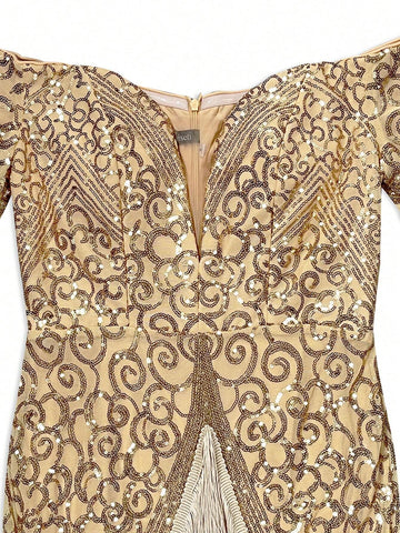 Giffniseti Women's Glitter Sequin Splice Tassels Off Shoulder Long Sleeve Party Evening Dress